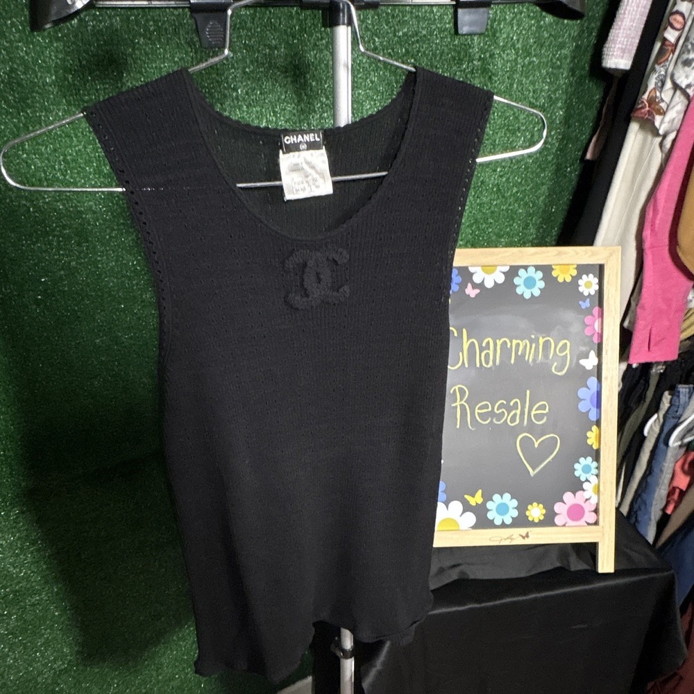 CHANEL Black Ribbed Knit Logo Scoop Neck Stretch Tank Top Size 50 P35182K02061